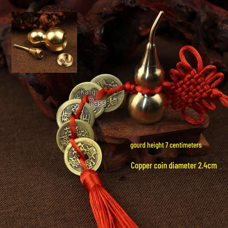 Red String Chinese Knot Copper Gourd & Five Emperors Coins Hanging Ornament for Home or Car
