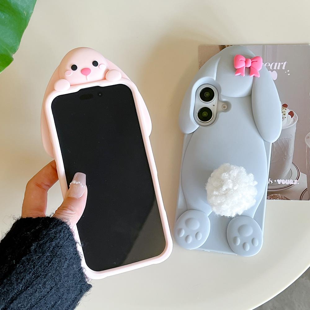 Kawaii 3D Cartoon Benny Rabbit Case For iPhone 16 15 14 13 12 Pro Max Soft Silicone Cover With Hairball Tail Holder