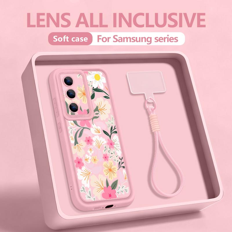 Wrist Lanyard Phone Case For Samsung Galaxy S26 S24 S25 Ultra S23 S25 FE A57 A17 A56 A16 A55 A54 A15 A25 Pink Flower Print Cover