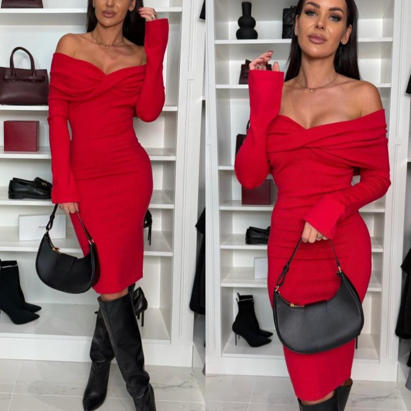 Autumn and Winter Long Sleeve Slash Neck Sexy Dress Women High Waist Slim Casual Dresses Women Solid Elegant Vintage Party Club Pencil Dress 25611