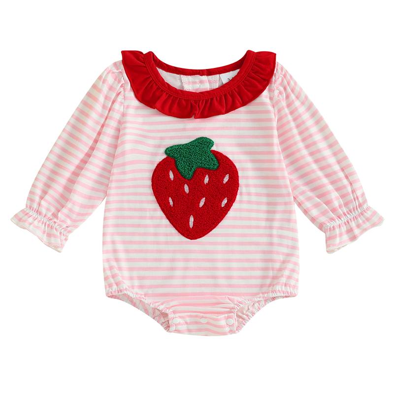 Newborn Baby Girl Fall Bubble Romper Stripe Print Strawberry Embroidery Long Sleeve Ruffled Round Neck Jumpsuit