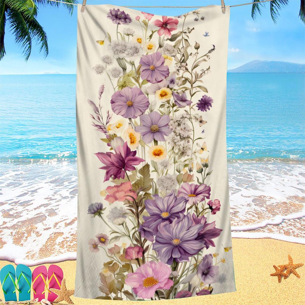 Creative Painted Flowers Digital-printed Polyester Superfine Fiber Double-sided Fleece Beach Vacation Bath Towel, Beach Towel