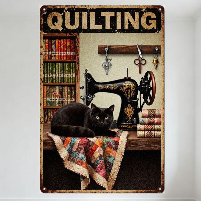 Vintage Quilting Tin Sign - Black Cat on Patchwork Quilt, Sewing Machine & Colorful Fabrics Retro Metal Wall Decor for Craft Roo