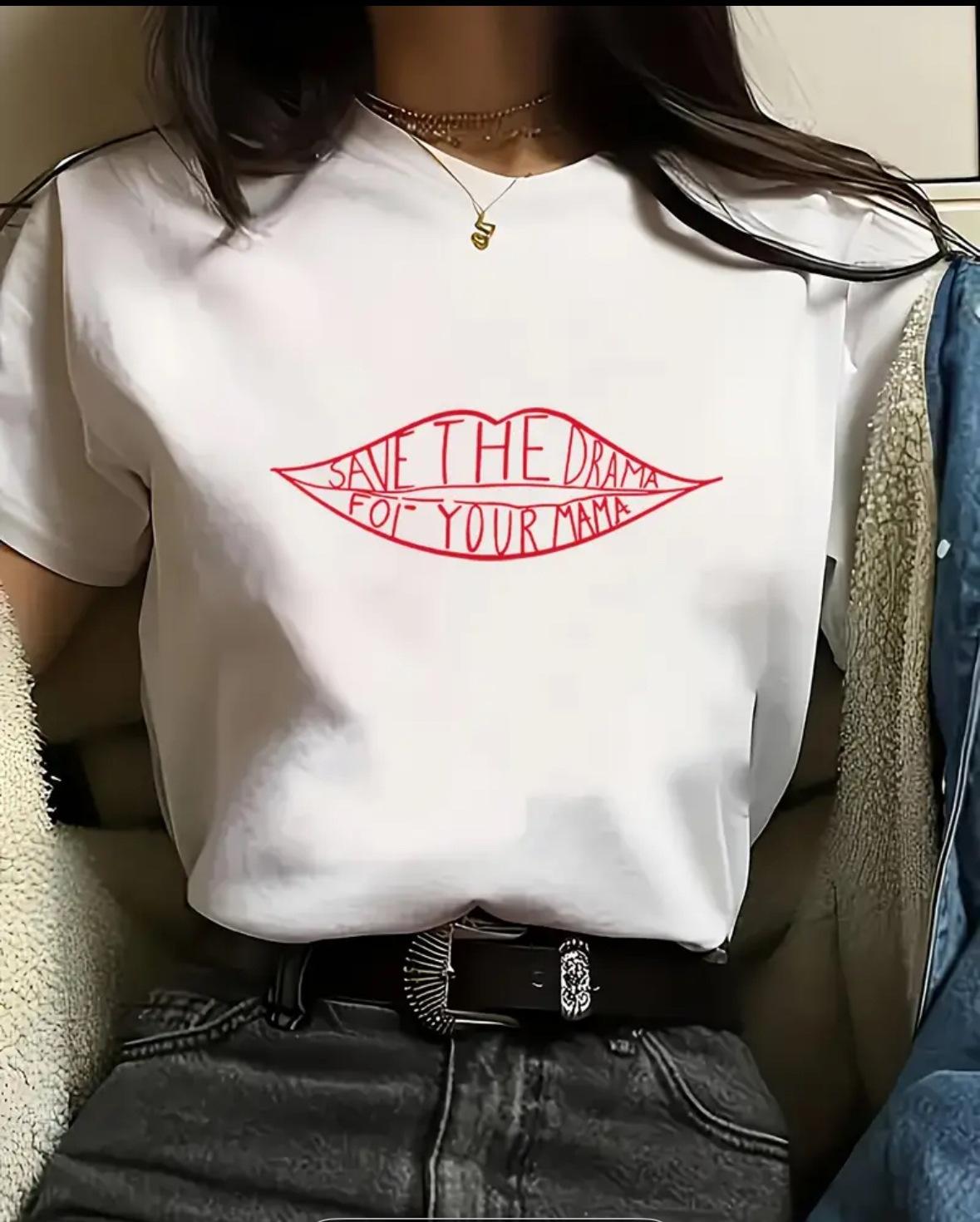 Spring and summer lip print crew neck t-shirt women s summer casual white short sleeves S
