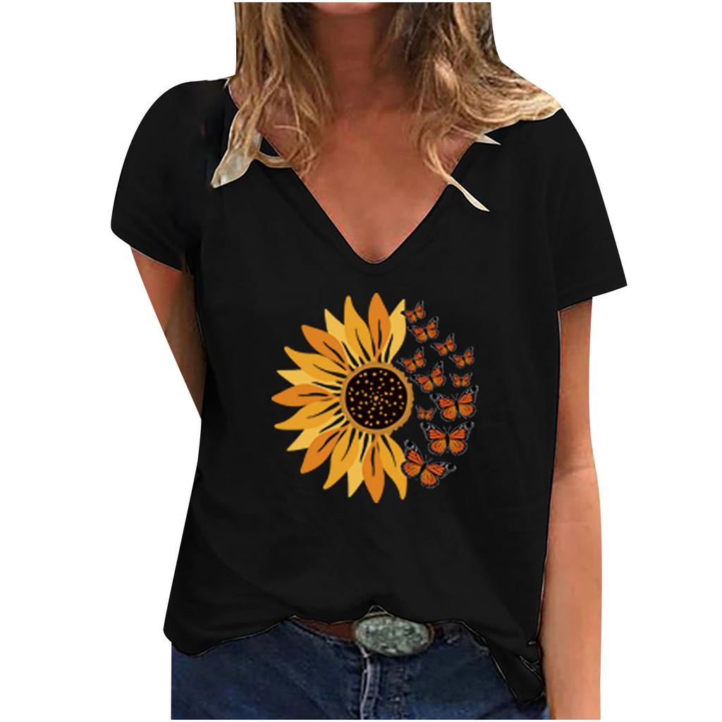 Fashion Spring Sunflower Print Blouses Short Sleeved V-Neck T Shirts Casual