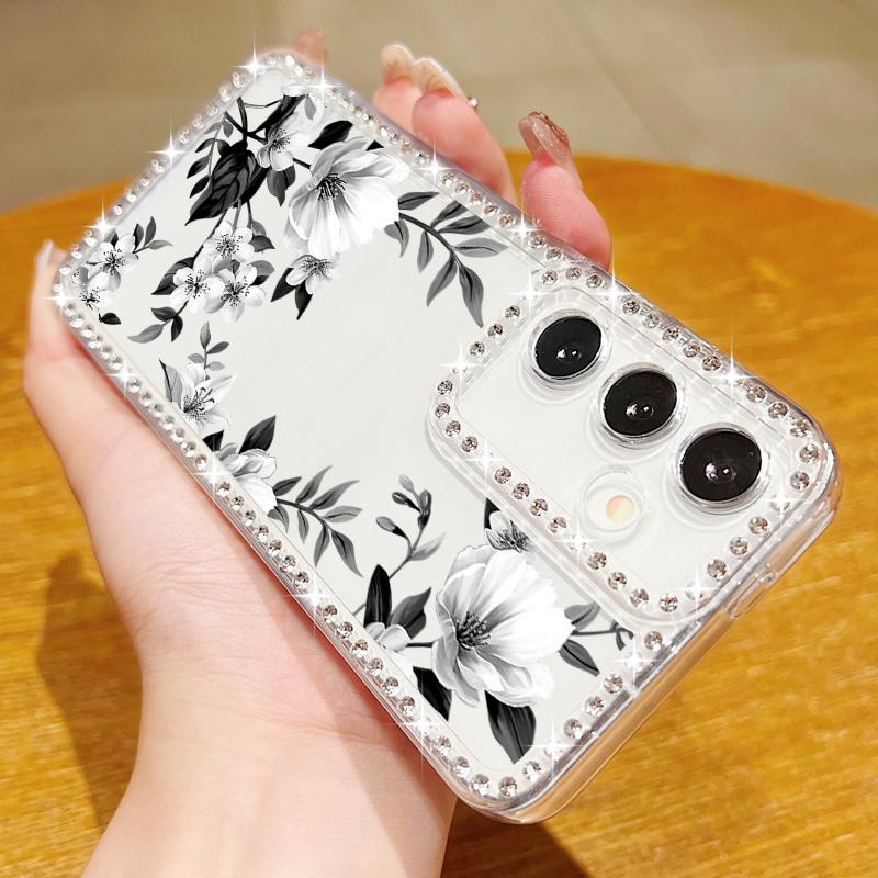 Husă Transparentă cu Cadru Diamant pentru Samsung S25 Edge S24 FE S23 Ultra S22 A56 A36 A16 A15 A55 A35 Model Floral Silicon Moale Antișoc Husă Bumper