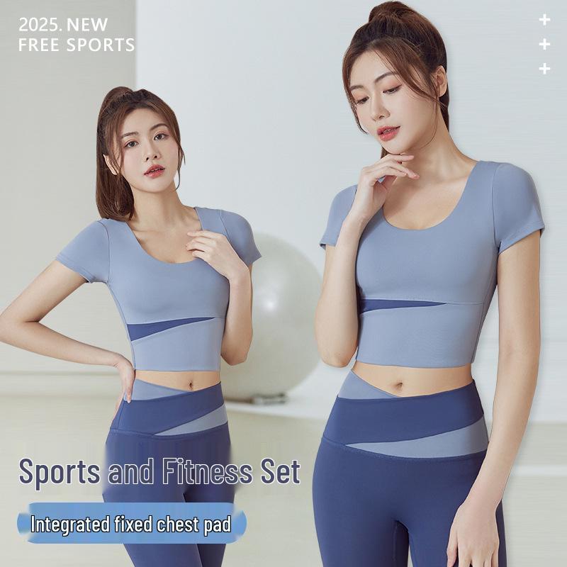 Nude Feel Women's Colorblock Yoga Set - Short Sleeve Crop Top & Hip Lifting Running Shorts for Spring/Summer Fitness