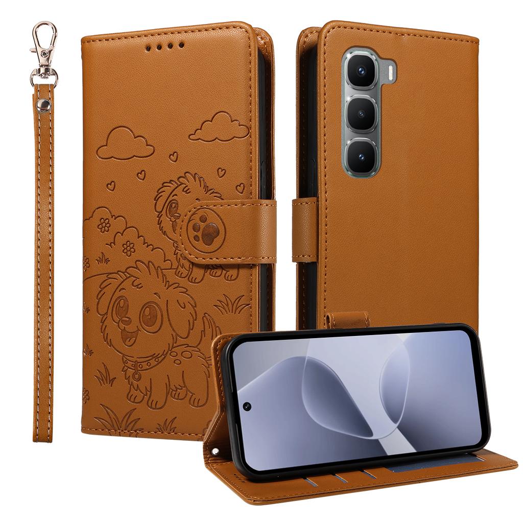 For Infinix Hot 60 Pro 4G Case RFID Blocking Imprinted Dog Pattern PU Leather Phone Cover with Wrist Strap