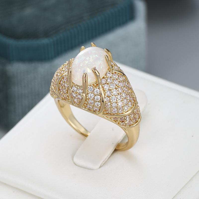 Aesthetic Inlaid Imitation Opal White CZ Women's Ring Sparkling Gold Color Geometry Daily Wear Party Jewelry Anniversary Gift