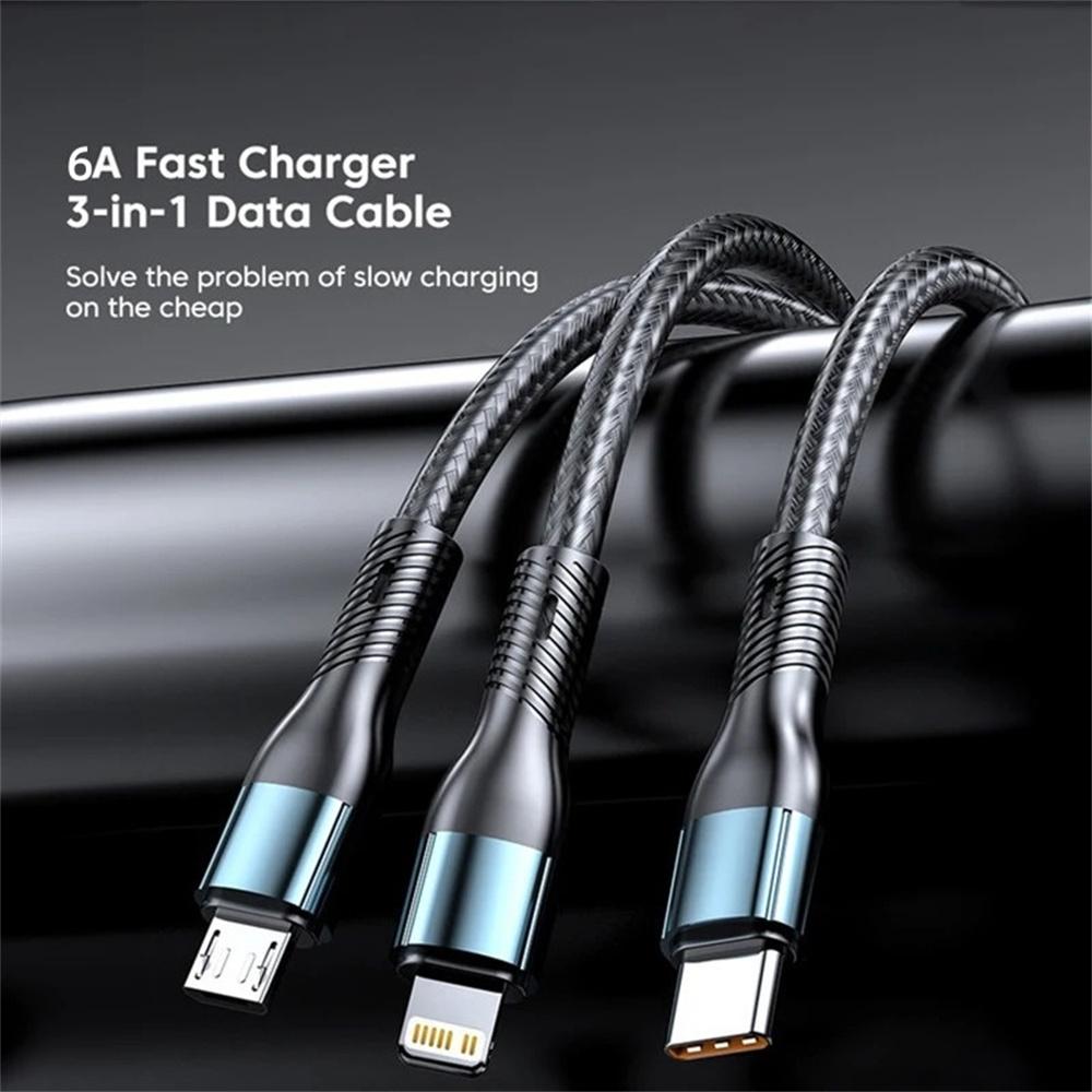 6A 120W 3 in 1 USB Type C Cable Fast Charge Phone Charger Data Cord For iPhone Samsung Xiaomi  Quick Charge Micro USB Wire