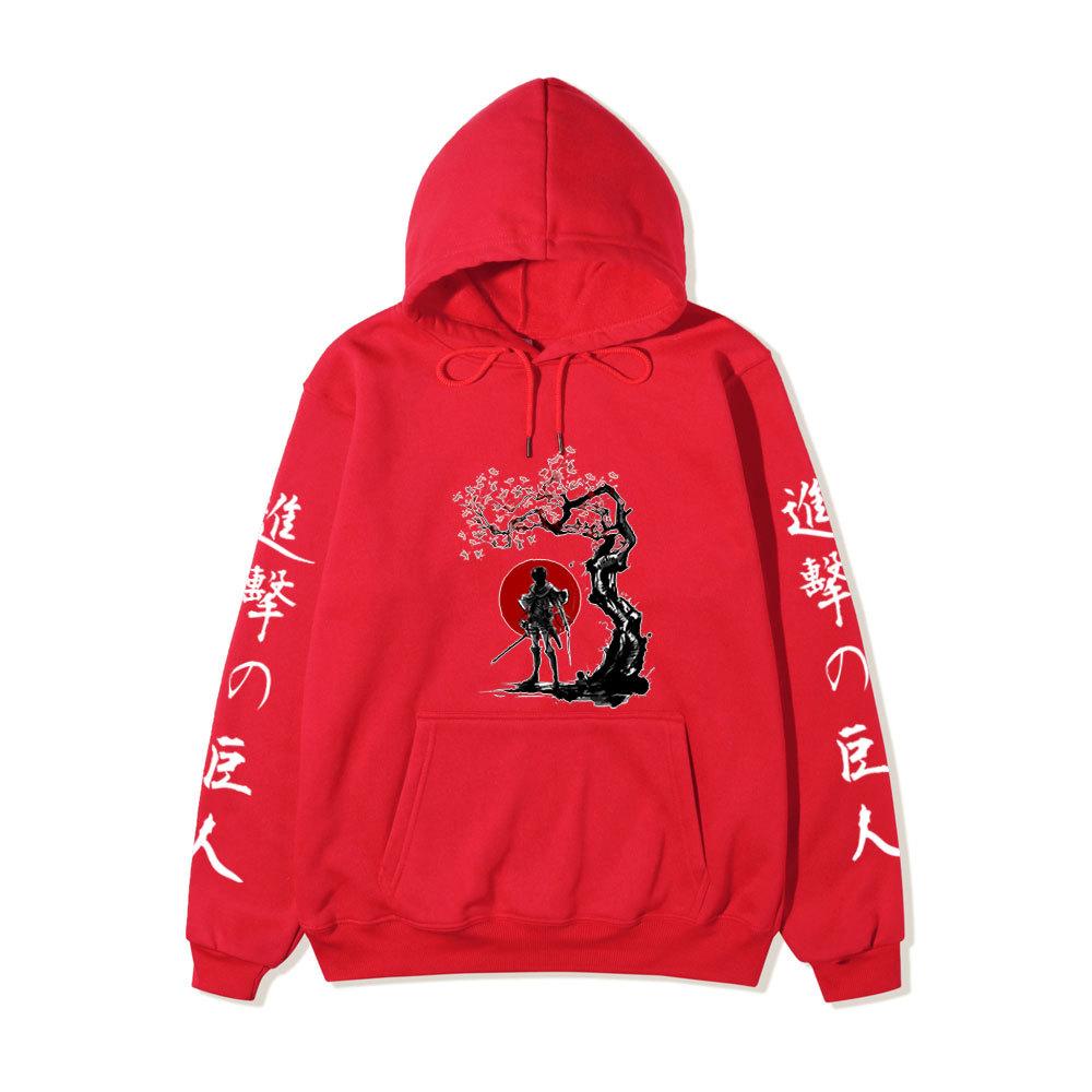 Attack On Titan Samurai Sakura Sun Design Unisex Fleece Hoodie Vertical Japanese Kanji Sleeve Anime Long Sleeve Pullover Sweatshirt