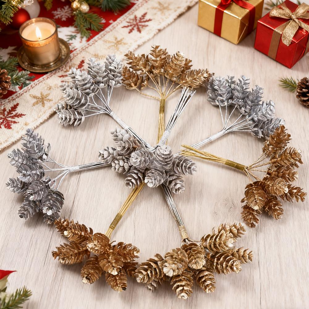 10Pcs/Bundle Gold Silver Christmas Pine Cone Artificial Plants Diy Gifts Box Wedding Decorative Flowers Home Decor Accessories