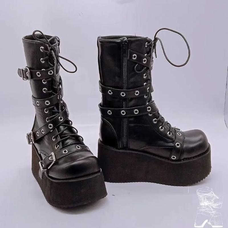 Plus Size 43 Autumn Women Boots Buckle Round Toe Wedges Platform Boots Punk Goth Ins Women Street Shoes Combat Boots For Women