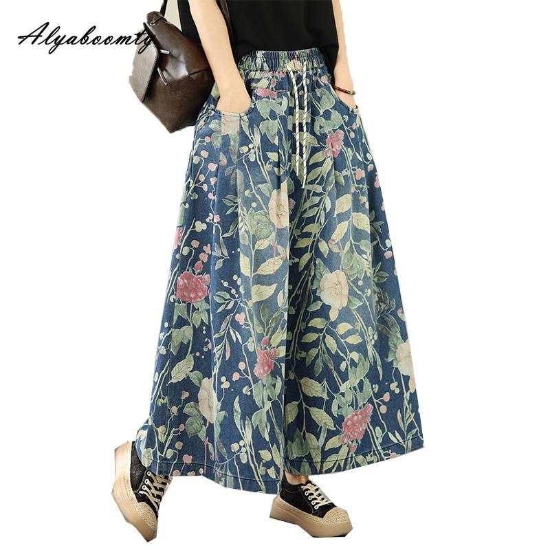 2026 Koreansk Mode Vår Sommar Dam Färgstarka Jeans Stor Storlek Elastisk Midja Blomstertryck Casual Denimbuxor Vintage Grundläggande Dam Vida Ben Jeans