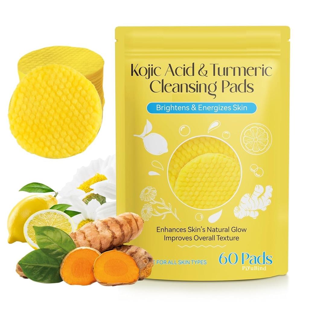 PiyuBind Kojic Acid and Turmeric Cleansing Pads - 60 Count, Mild and Non-Irritating, Suitable for All Skin Types, Gentle Exfoliating Facial Pads