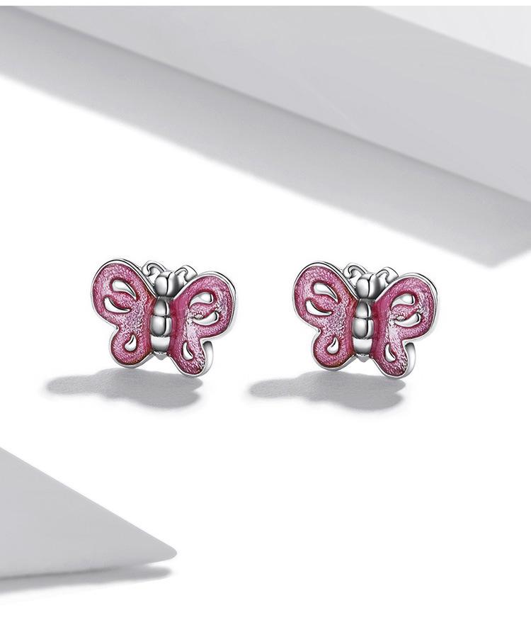 Aifle Sterling Silver S925 Pink Butterfly Earrings with Platinum-Plated Oil-Drop Design