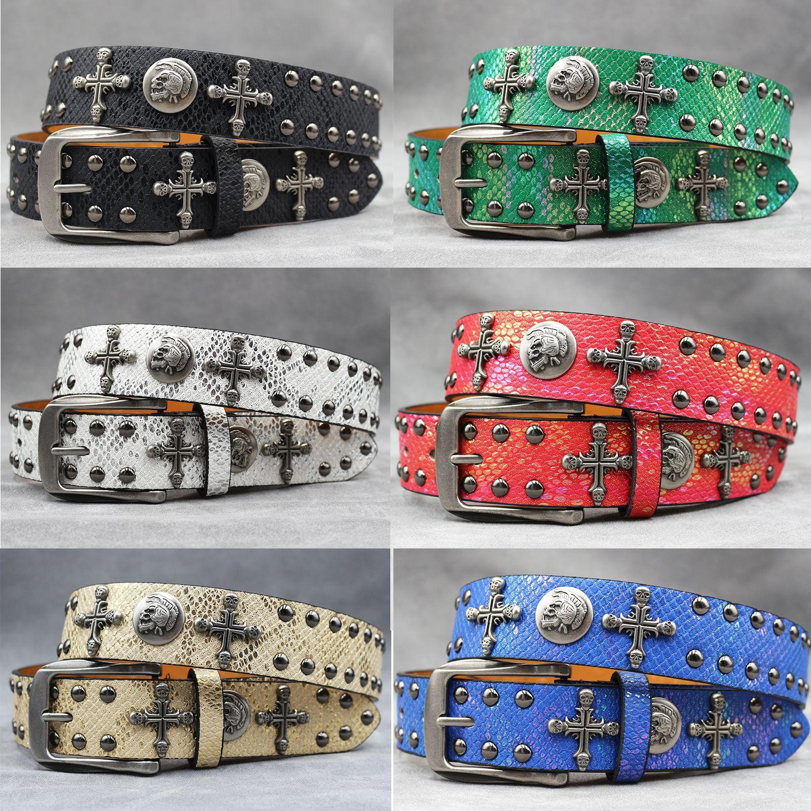 

7-Color Original Cross Skull Rivet Belt Punk Men S Belt Women S Snake Pattern Decorative Belt 125cm зелений