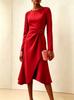 European and American Women's Clothing New Long-sleeved Solid Color Round Neck Dress Medium and Long Dress Women