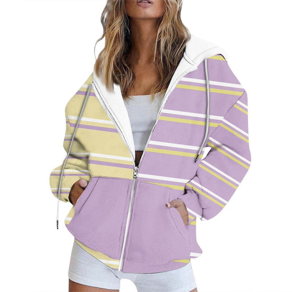Damska bluza z długim rękawem w paski, z nadrukiem i kieszeniami, z kapturem i zamkiem błyskawicznym
