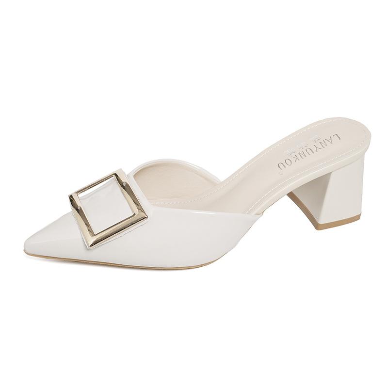 Women's Shoes 2025 Spring New Square Head Square Buckle Light Mouth Thick Heel High Heel Slippers Patent Leather Bag Head Half Slippers Outer Wear Wo