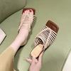 Fashion French Elegant Retro Hollow Woven Square Head Peep Toe Roman Sandals Comfortable Cool Slippers Casual All-match Women's Shoes