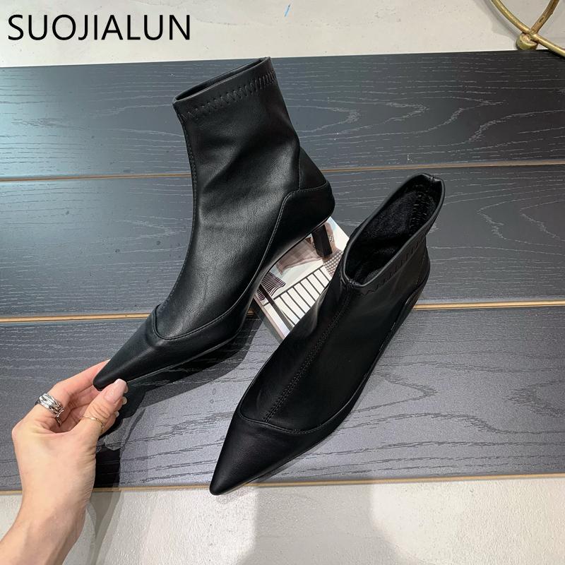 Fashion SUOJIALUN Winter New Thin Low Heel Women Ankle Boots Fashion Pointed Toe Slip On Chelsea Boots Shoes Soft Leather Short Boots