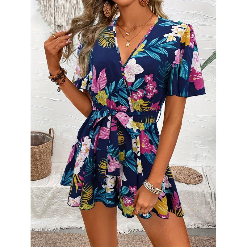 

Летний европейский и американский комбинезон с рукавами «летучая мышь», V-образным вырезом, поясом, принтом, модный, с широкими штанинами, для отпуска, пляжный, шорты, комбинезоны Blue XL