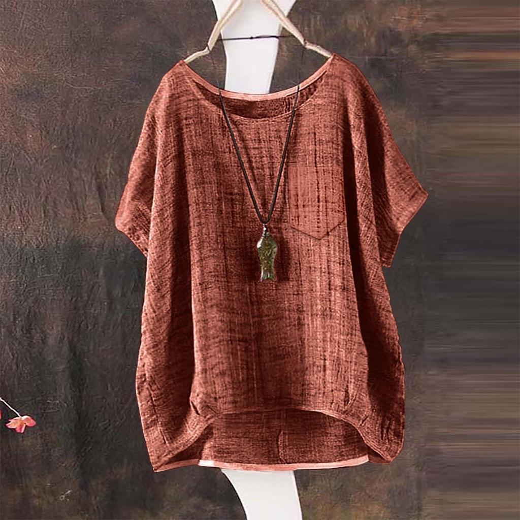 Women's Fashion Loose Round Neck Pocket Button Cotton Linen T-Shirt Casual Tops