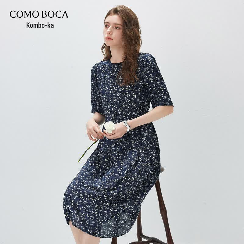 Elegant Mulberry Silk Printed Short Sleeve Dress L