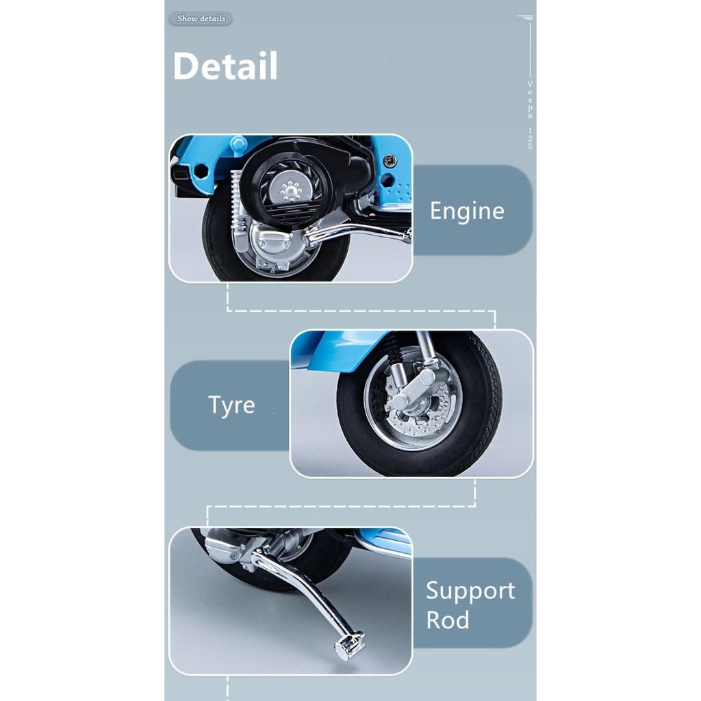 1/10 Vespa 125 Alloy Leisure Motorcycle Model Diecasts Metal Classic Motorcycle Model Simulation Sound and Light Childrens Gifts