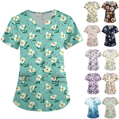 Women's Cute Printed Work Clothes V-neck Double Layer Pockets Basic Short Sleeve Top Pullover Valentines