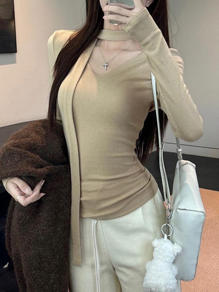 Women's Korean Long-Sleeve Pink V-Neck T-Shirt, Lace-Up, Slim Fit, Trendy Hot Girl Style, Perfect for Spring & Autumn.