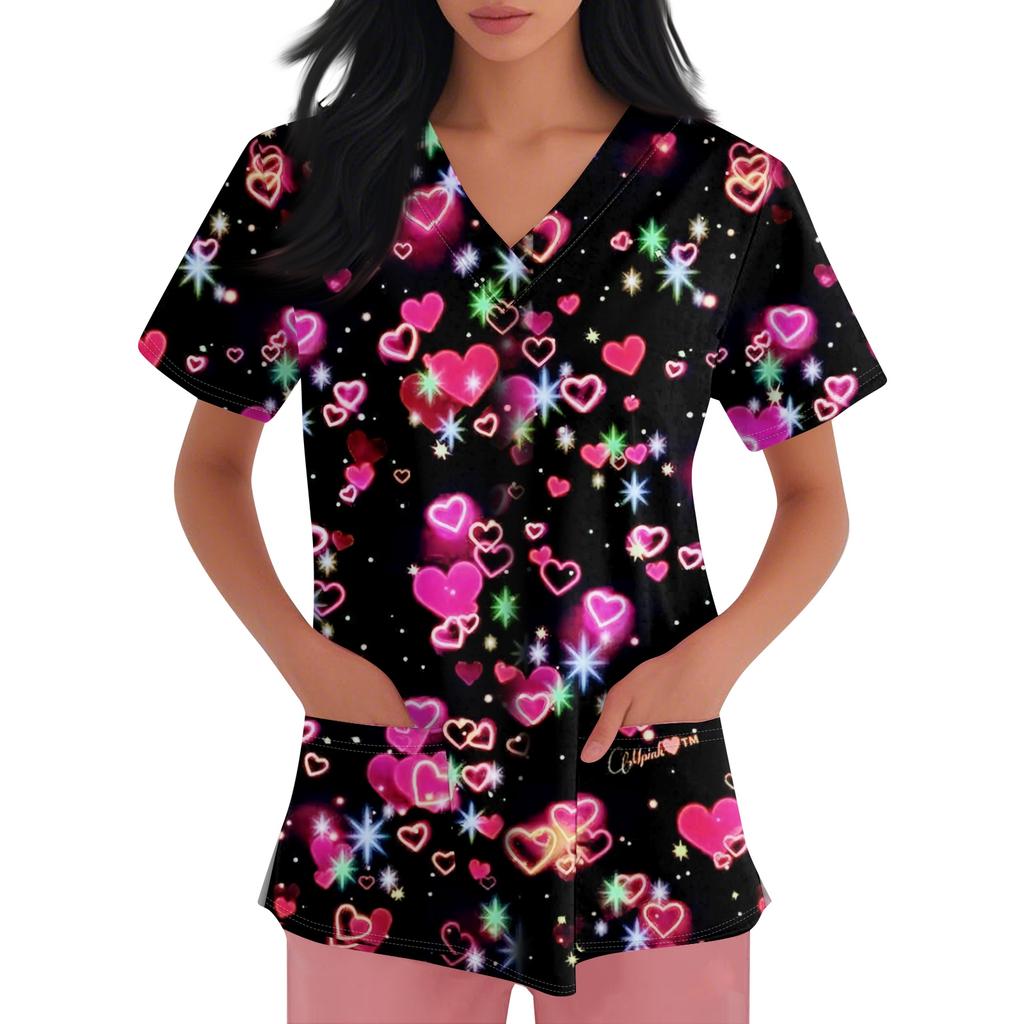 Women's V-neck Cartoon Printed Short-sleeved Pocket Side-slit Protective Suit Top