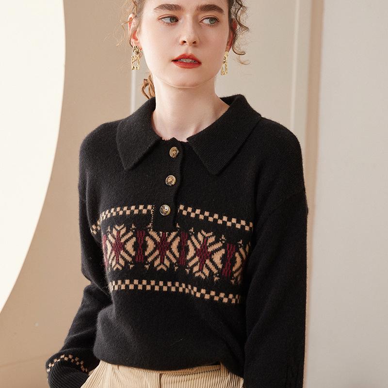 Women's Light Luxury Cashmere Polo Neck Sweater - Loose Fit Wool Knit Pullover