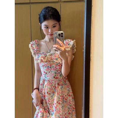 Seaside Vacation Temperament Dress, Gentle and Chic In Summer, Small Flying Sleeves, Floral Long Dress, Waist and Thin