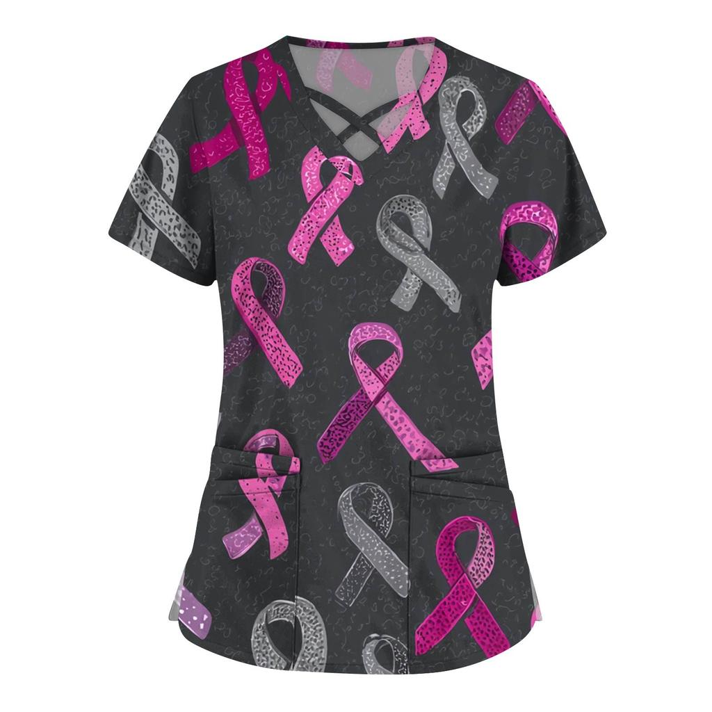 Women's Fashion  V-Neck Short Sleeve Overalls Double Layer Pocket Printed Tops  Apparel