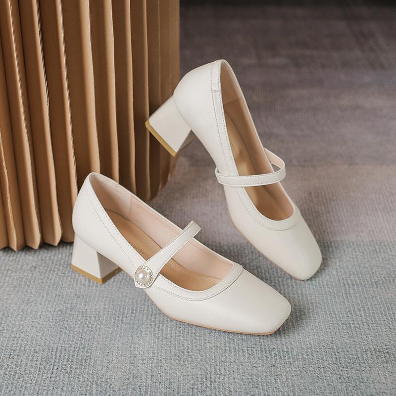 

Мэри Джейн туфли-лодочки женские с мелким вырезом нежные ретро жемчуг толстый каблук вечерние туфли 40