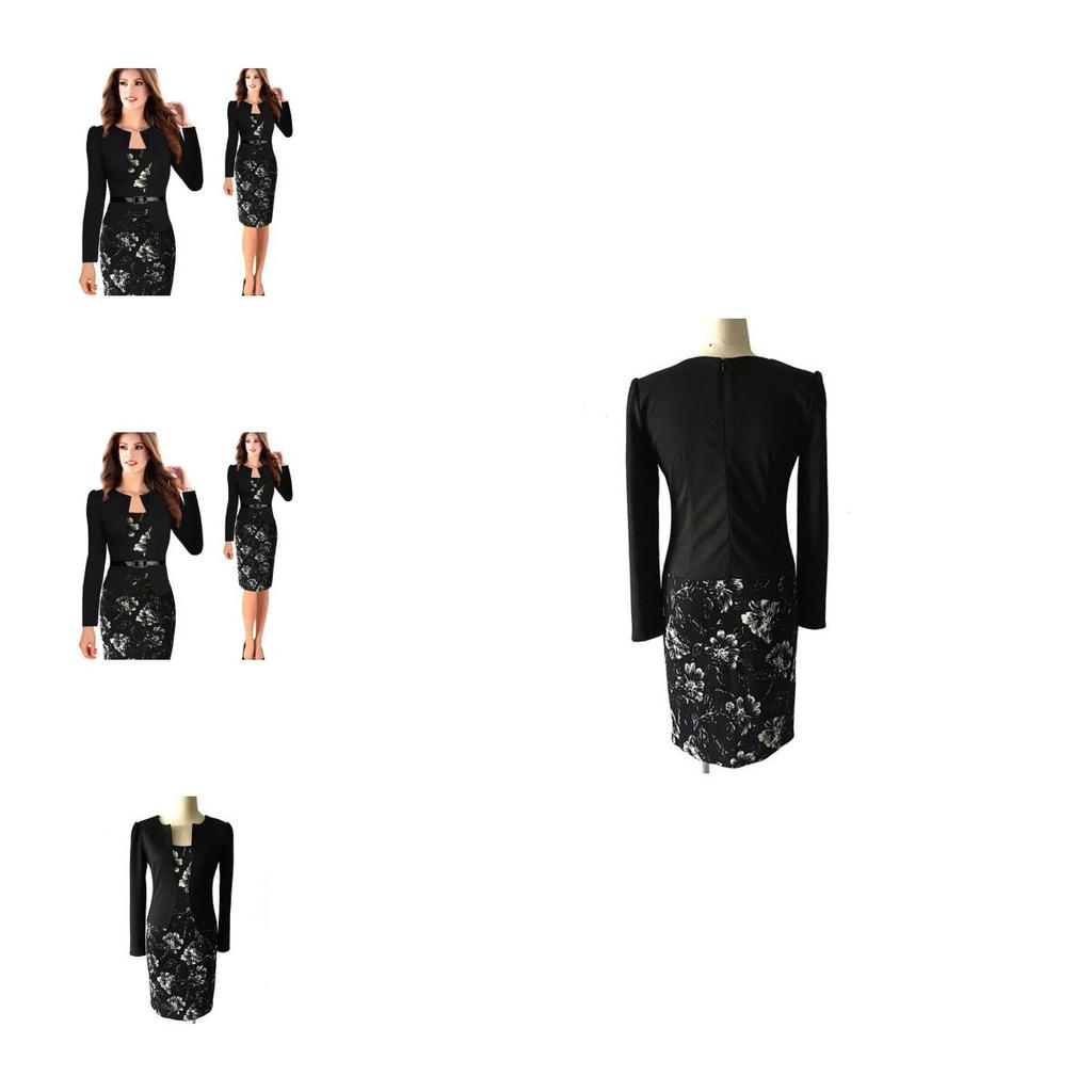 Women Splice Long Sleeve Belt Work Business Cocktail Formal Gown Dress Pencil