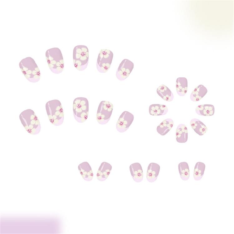 1Set Glossy Shine Press On Nail Light Purple French Smudged Floral Pattern Short Oval Shape Elegant Look