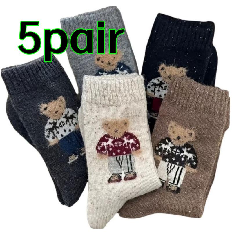 

5 пар носков для девочек, мультяшные милые носки до середины икры с маленьким медведем, утолщенные для осени и зимы, теплые шерстяные носки-гольфы, новый стиль так One Size