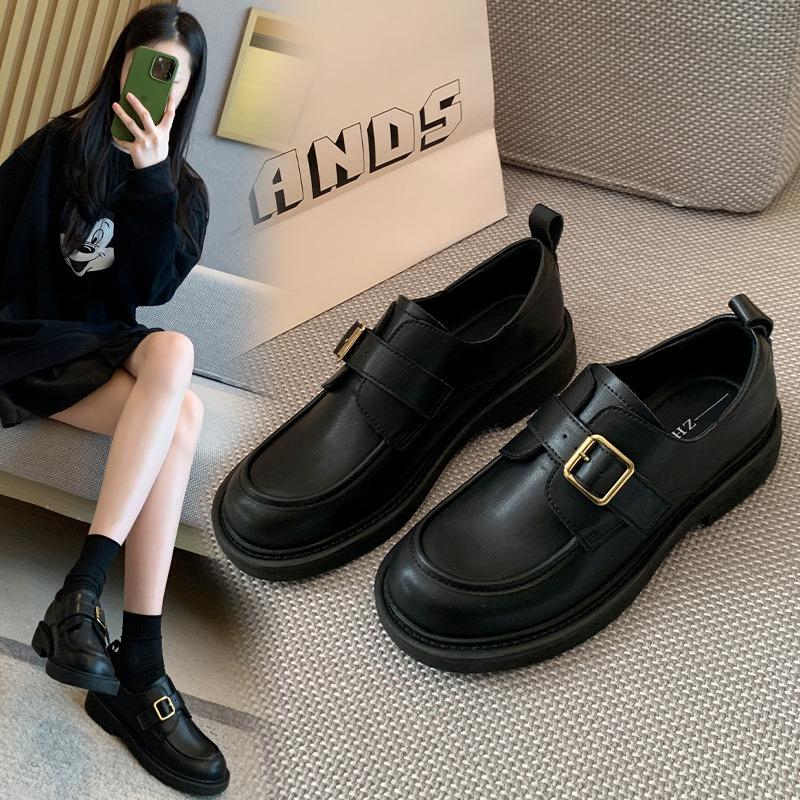 6-Small leather shoes 26 spring new thick-soled black versatile widened large-size women's shoes