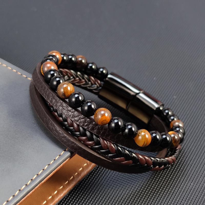 2026 New Beads Tiger's Eye Stone Bracelet for Men Four Layers Leather Bracelet with Stainless Steel Magnet Male Jewelry Gift
