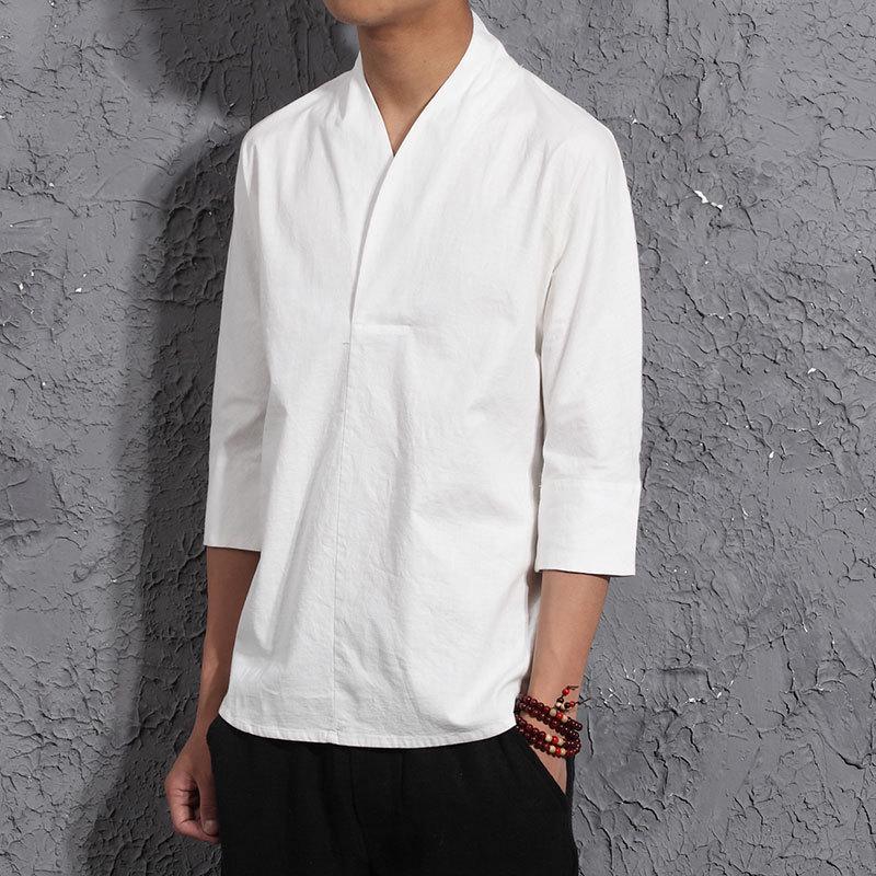 Men's Chinese Cotton-Linen V-Neck Retro Hanfu T-Shirt, Summer Three-Quarter Sleeve, Loose Plus Size