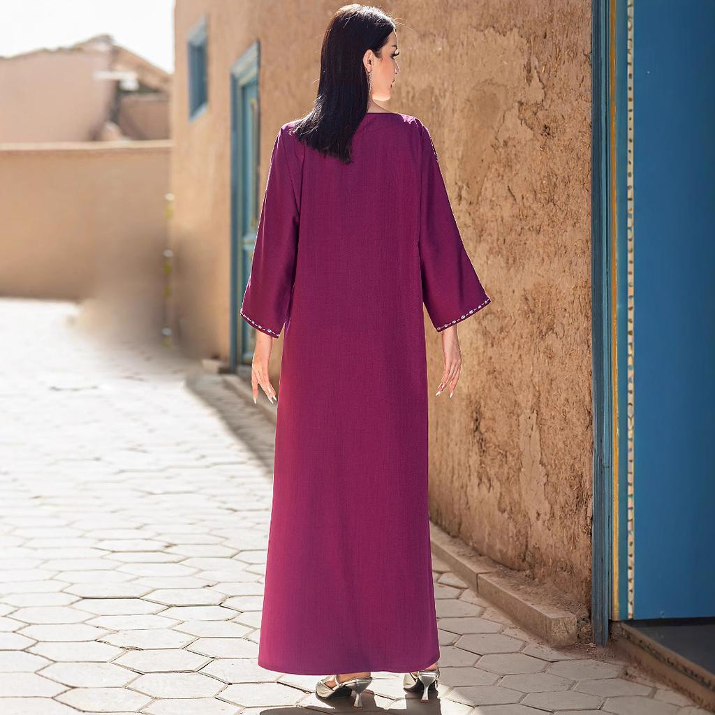 BA5149 new berry purple heavy industry hand-sewn rhinestone dress arabic robe women's clothing