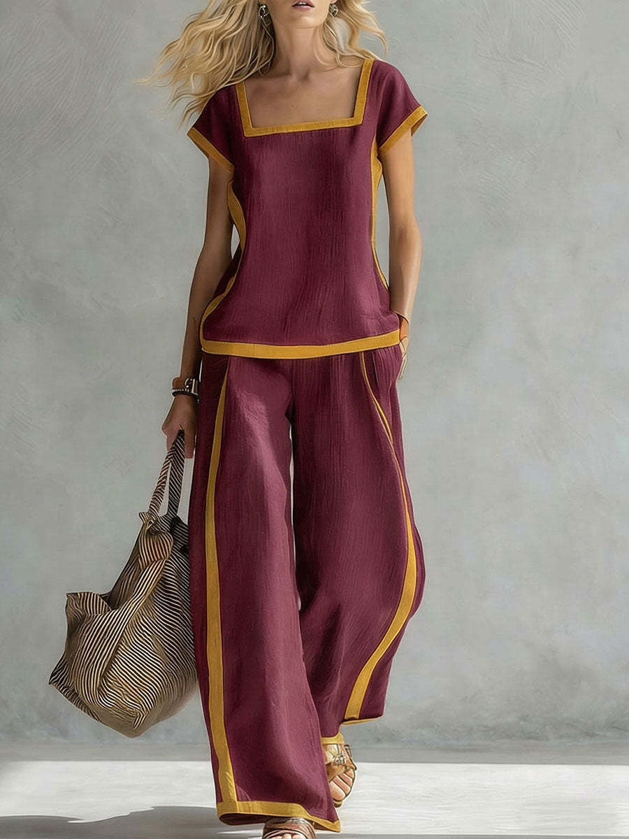 Women Burgundy Square Neck Short Sleeve Wide Leg Pants Set Two Piece Outfit S бордовый