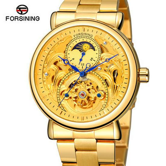 FORSINING Men's Tourbillon Moon Phase Automatic Mechanical Watch with Engraved Hollow Steel Band