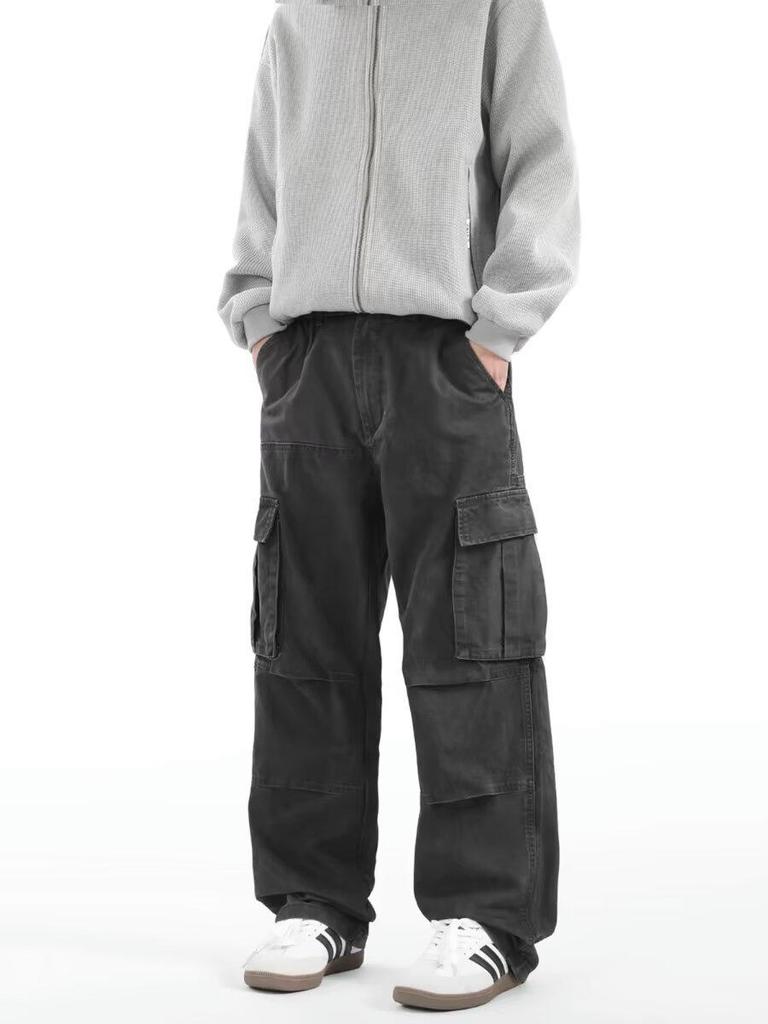 Men's Retro Punk Cargo Pants - Spring/Autumn 2025, Multi-Pocket, Heavyweight, Loose Fit, Straight Leg, Casual.