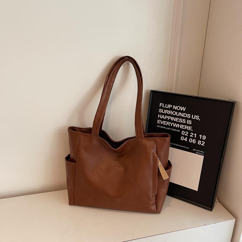 PU Shoulder Bag Women Solid Color Large Capacity Handbag Commuter Tote Bag
