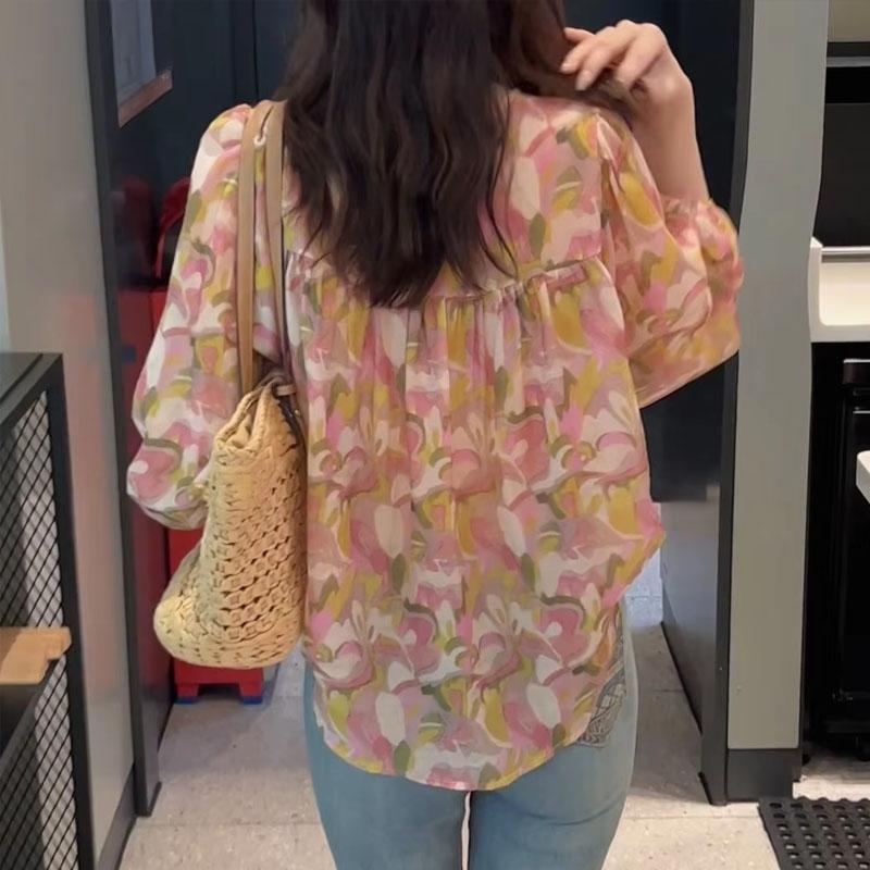Fashionable, Fresh Chiffon Floral Long Sleeve Shirt for Women Spring and Summer New Casual Loose Puff Sleeve Top Trendy