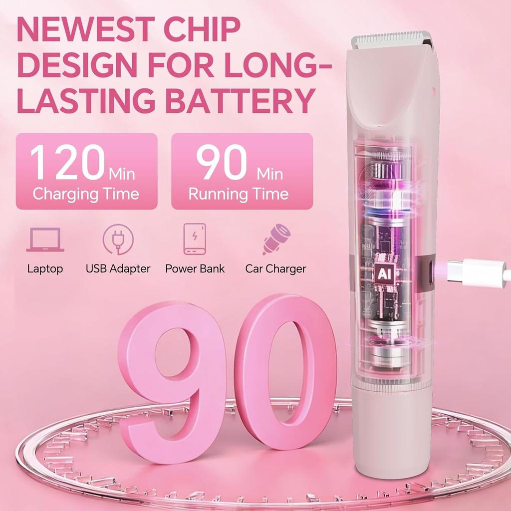 Bikini Trimmer for Women,Electric Razor for Women with Dual Head,Waterproof Rechargeable Pubic Hair Trimmer,Wet & Dry Use,Painless Shaver for Legs